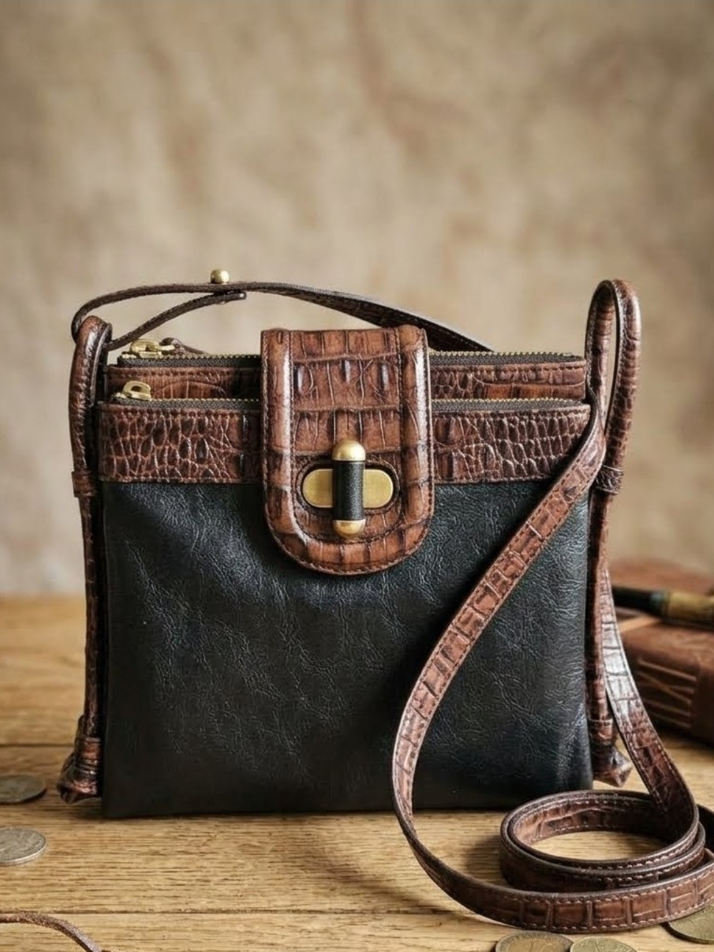 Brahmin Black and Brown Croc-Trim Crossbody Bag